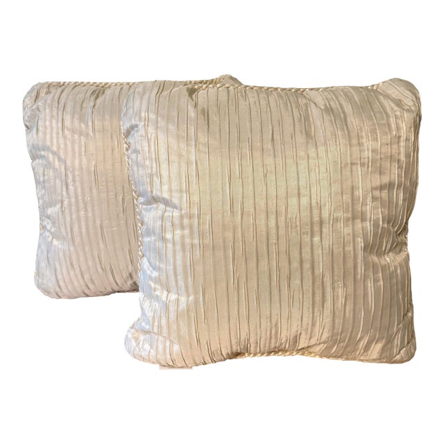 Vintage Croscill Pintuck Pleated Taffeta Pillows in Ivory White, a Pair For Sale