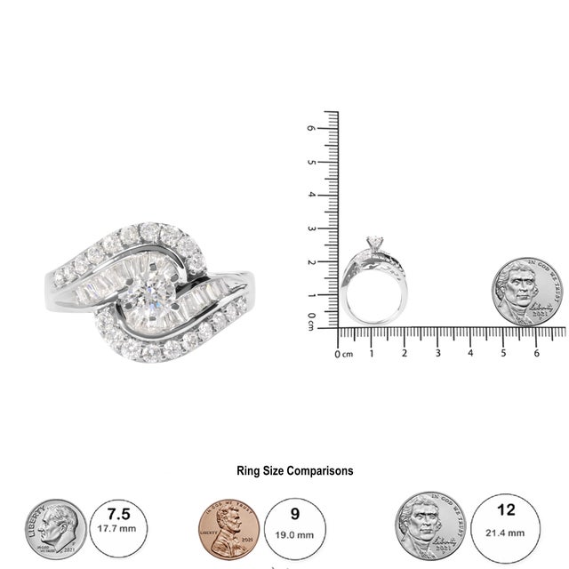 14K White Gold 1.00 Cttw Round and Baguette cut Diamond Swirl Cocktail Ring (H-I Color, SI2-I1 Clarity) - Ring Size 7 For Sale In New York - Image 6 of 6