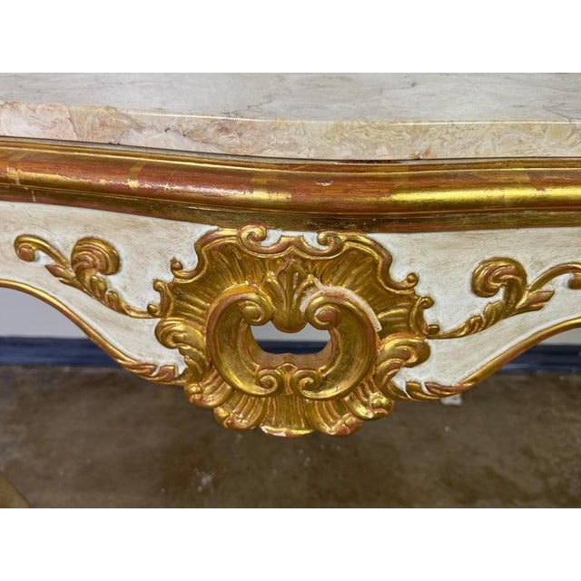 French Italian Rococo Console Table, Giltwood & Marble Top, Mid-20th Century For Sale - Image 3 of 16