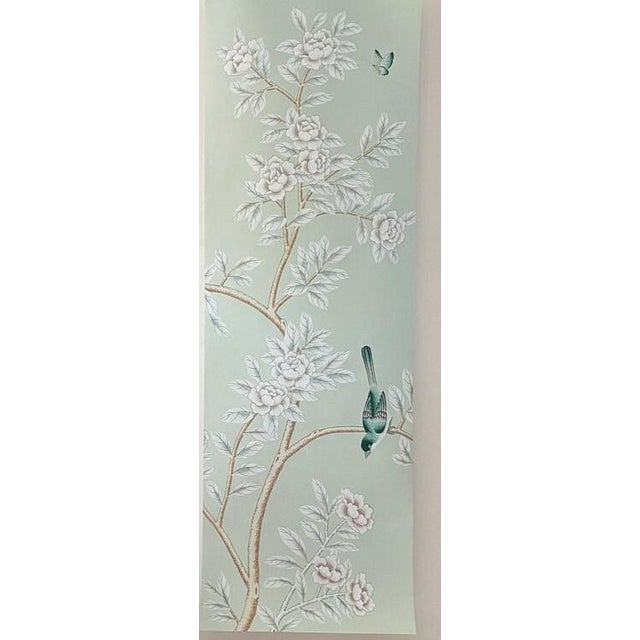 Hand-Painted Wallpaper Mural on Celadon Green - Set of 3 For Sale