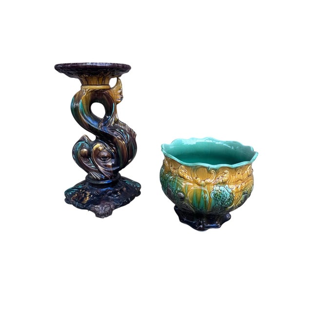 Yellow Vintage Weller Majolica Pottery Jardiniere & Pedestal Set For Sale - Image 8 of 9