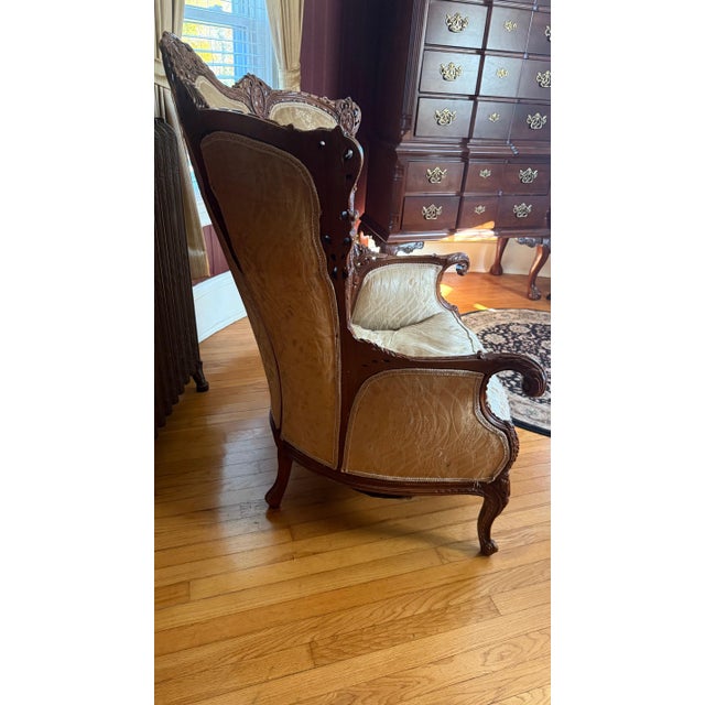 Antique Carved Wingback Bergère Chair in Cream Damask For Sale In Providence - Image 6 of 13