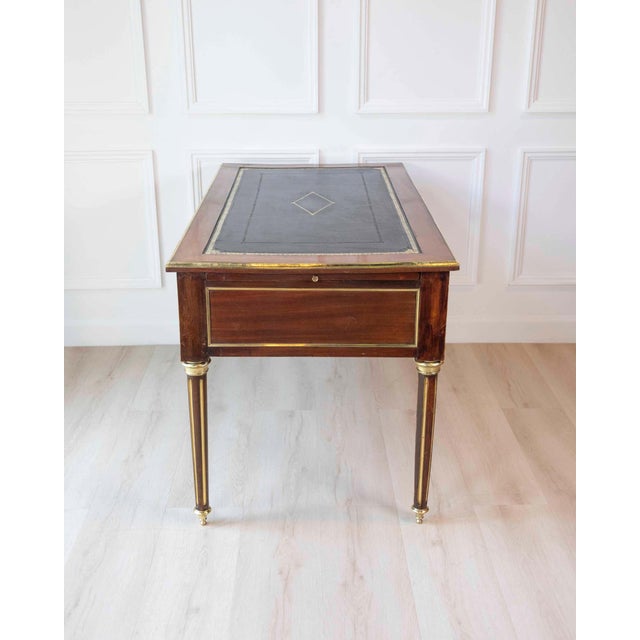 Louis XVI-Style Double-Sided Wood and Brass Bureau Plat with Leather Top For Sale - Image 4 of 13