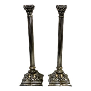 Vintage Large Corinthian Style Silverplate Candlesticks- a Pair For Sale