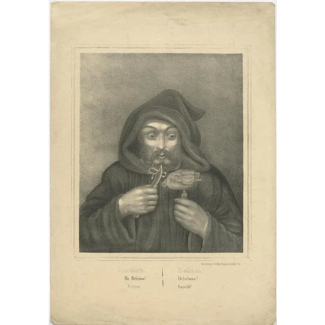 Set of three lithographs titled ''Gewonnnen!'' ''Köstlich!'' ''Prächtig!''. Humorous scenes showing monks committing the...