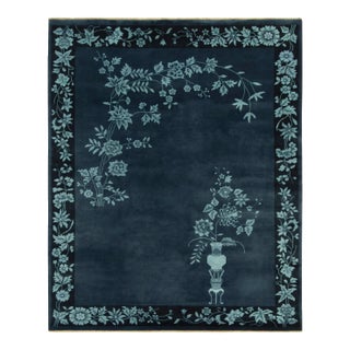 Rug & Kilim’s Chinese Deco Style Rug in Blue Floral Patterns For Sale