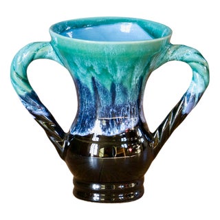 Vintage French Amphora-Shaped Vase in Turquoise Flamed Glazed Stoneware from Vallauris, 1950 For Sale