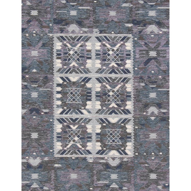 Mid-Century Modern Gray, Blue and Charcoal Scandinavian Hand Woven Flat-Weave Rug With Modern Design For Sale - Image 3 of 13