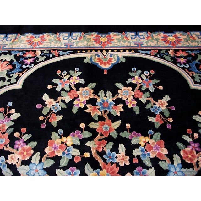 Early 20th Century 1920s Black Floral Medallion Antique Chinese Art Deco Rug 9' X 12' Handknotted Wool Carpet For Sale - Image 5 of 6