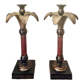 Hollywood Regency Chinoiserie Tall Candlestick Holders - Pair - 19.25” H For Sale