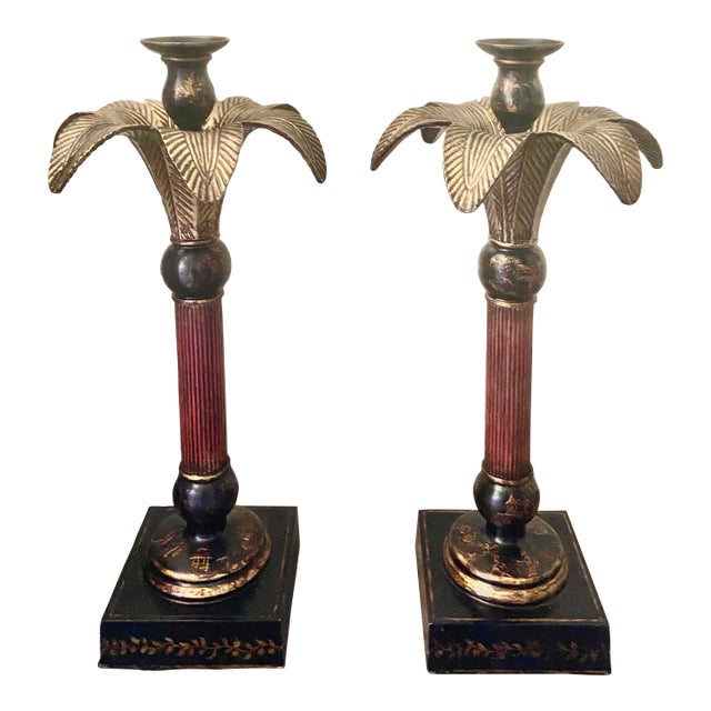 Hollywood Regency Chinoiserie Tall Candlestick Holders - Pair - 19.25” H For Sale