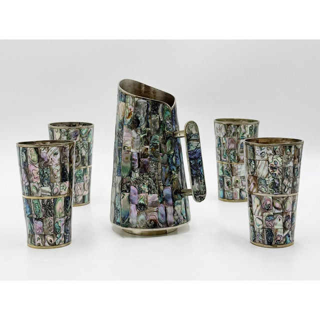 1960s 1960s Mexican Abalone Inlay Alpaca Silver Pitcher & 4 Tumblers Barware Set For Sale - Image 5 of 18