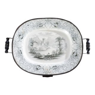 Early 20th Century Black Transferware Platter With Metal Warming Tray For Sale