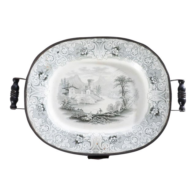 Early 20th Century Black Transferware Platter With Metal Warming Tray For Sale