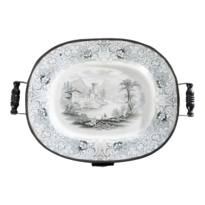 Early 20th Century Black Transferware Platter With Metal Warming Tray