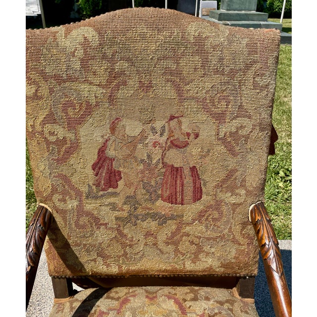 Late 19th Century Victorian Carved Wood Distressed Needlepoint Armchair Tall Back Throne Chair For Sale - Image 10 of 12