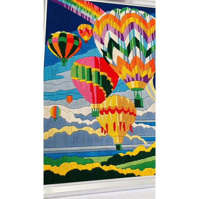 A vintage Mid Century Modern Colorful Hot Air Balloons Montgolfier and rainbow, long point needlepoint textile art work...