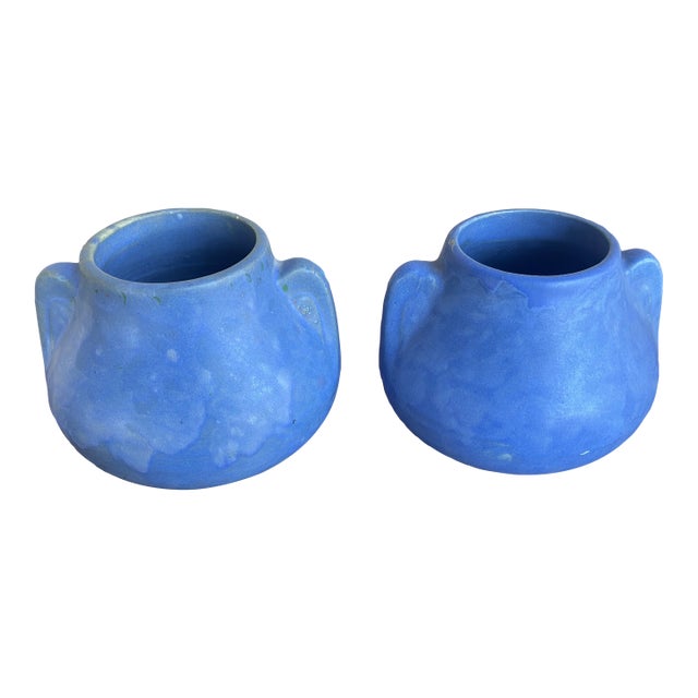 Folk Art Pottery Brush McCoy Vellum Blue Glaze Fawn Vases - Pair For Sale