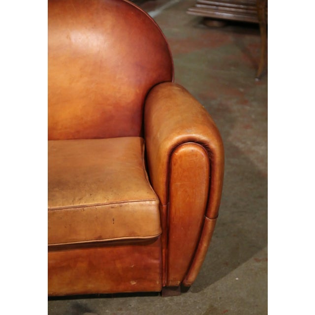 Tan Early 20th Century French Art-Deco Brown Leather Two-Seat Club Sofa For Sale - Image 8 of 11