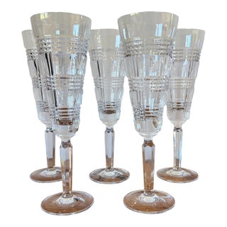Late 20th Century Ralph Lauren Glen Plaid Crystal Champagne Flutes - Set of 5 For Sale