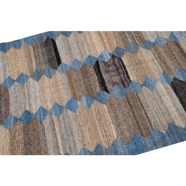 2020s Blue & Brown Flatweave Kilim Wool Runner With a Modern Abstract Design For Sale In New York - Image 6 of 7