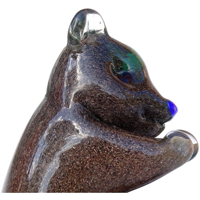 Mid 20th Century Murano Vintage Sommerso Glittery Copper Aventurine Blue Green Italian Art Glass Bear Sculpture For Sale - Image 5 of 8