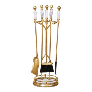 Mid-Century French Brass and Marble Five-Piece Fireplace Tool Set With Stand For Sale