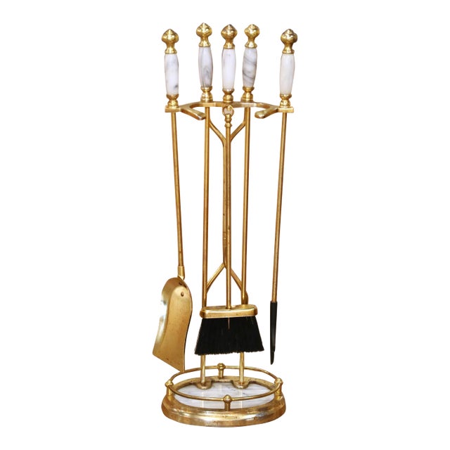 Mid-Century French Brass and Marble Five-Piece Fireplace Tool Set With Stand For Sale