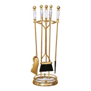 Mid-Century French Brass and Marble Five-Piece Fireplace Tool Set With Stand