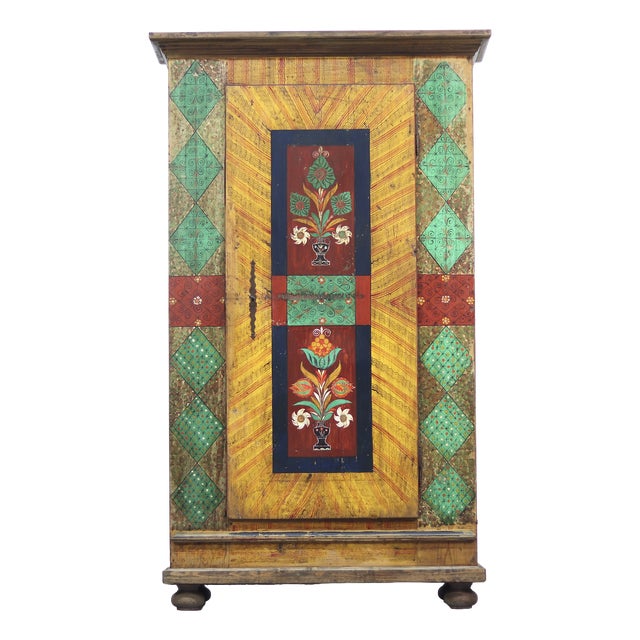 Rustic Farmhouse Folk Art Painted Bridal Cabinet For Sale