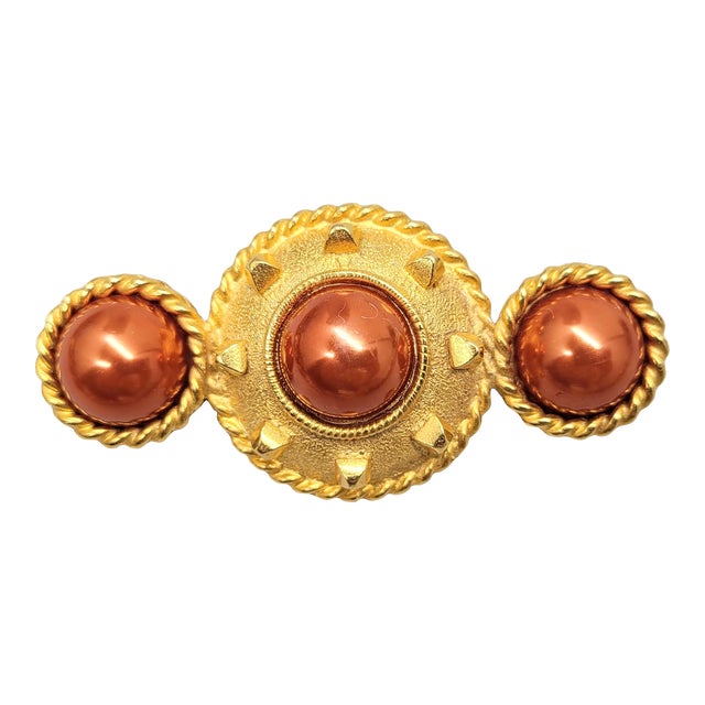 Vintage Signed Gerard Yosca Goldtone Red Faux-Pearl Brooch For Sale