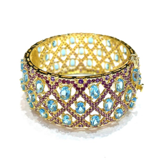 Bochic “Capri” Vintage, Sapphire Amethyst & Blue Topaz Cuff Set In 18K Gold & Silver Natural Rose Amethyst - 6 Carats...