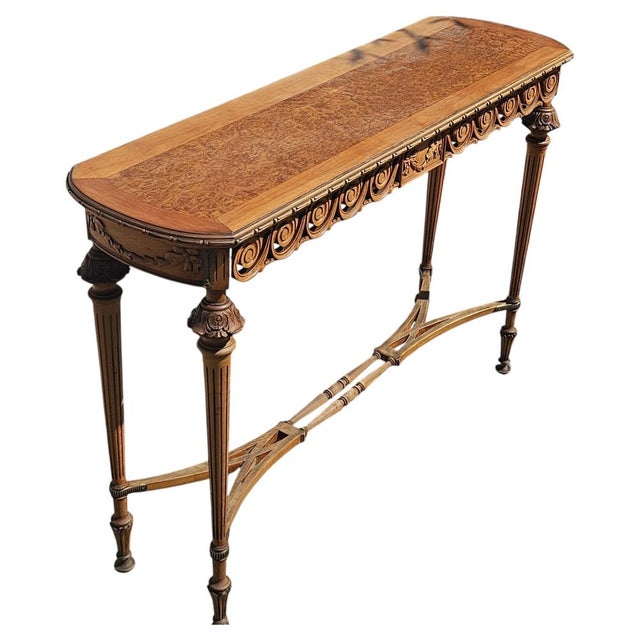19th Century Louis XVI Handcarved Walnut Console Table with Burlwood Inlay For Sale - Image 5 of 18