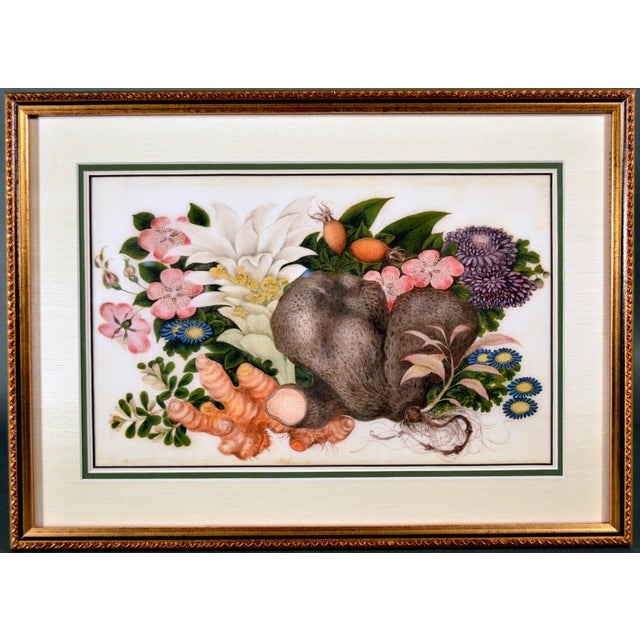 Chinese Sunqua China Trade Pith Paper Paintings, Set of Six Still Lifes of Fruit, Vegetables and Flowers For Sale - Image 3 of 7