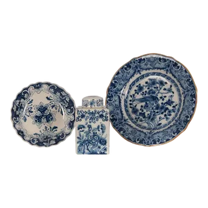 Vintage Dutch Delft Cabinet Plates Blue & White Delftware Tea Caddy Canister - Set of 3