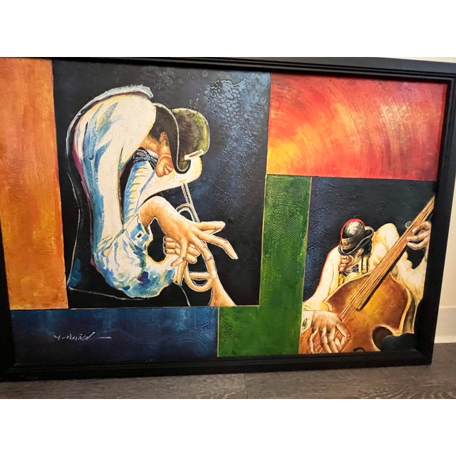 1970s Vintage Expressionistic Mid 20th Century Oil Painting of Jazz Musicians Bass Fiddle, Trumpet Signed by Listed Artist M. Harold (1935-2012jAmerican For Sale - Image 5 of 6