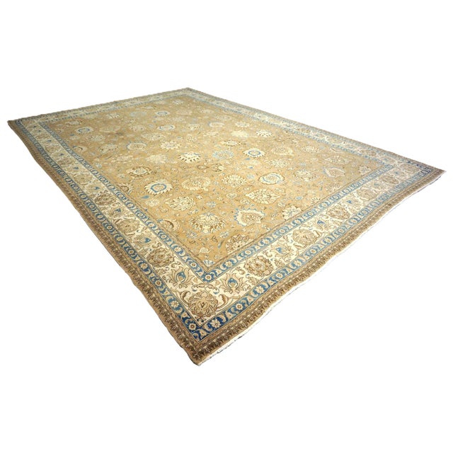 1940s Antique Persian Tabriz Wool 11x15 Tan, Ivory & Blue Handmade Area Rug #9902886 For Sale - Image 5 of 7
