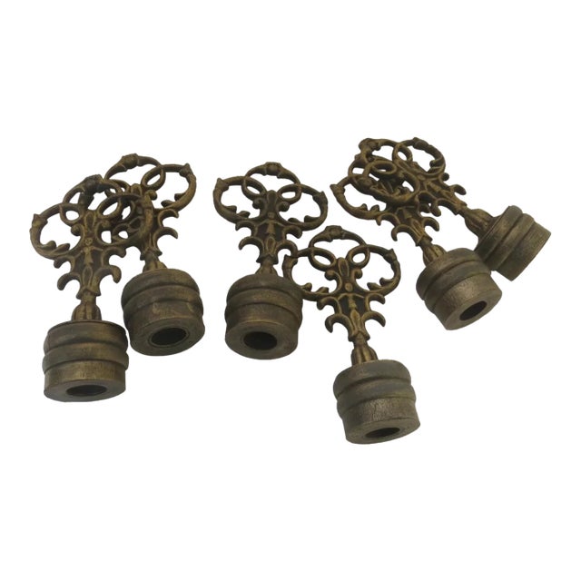 Vintage Bronze Medieval Cast Metal Finials Curtain Drapery Decoration - Set of 6 For Sale