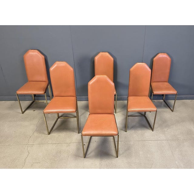 Set of six elegant high back dining room chairs manufactured by Belgochrom. The chairs consist of fine brass frames...
