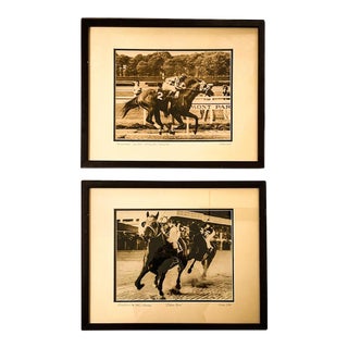 Pair of Framed Sepia Photographs Capturing the Greatest Moments in Racehorsing For Sale
