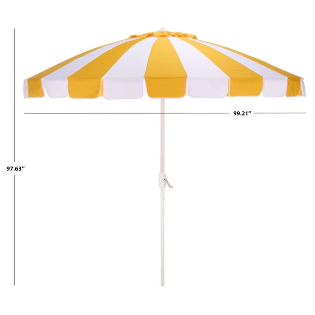 Transform your outdoor space with the BUTI 9 ft crank umbrella in a vibrant yellow stripe with a sleek white pole....