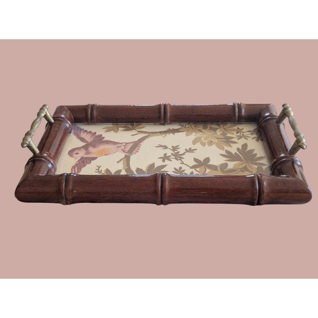 Vintage Faux Bamboo Glass Tray With Schumacher Fabric Insert For Sale In Charlotte - Image 6 of 14