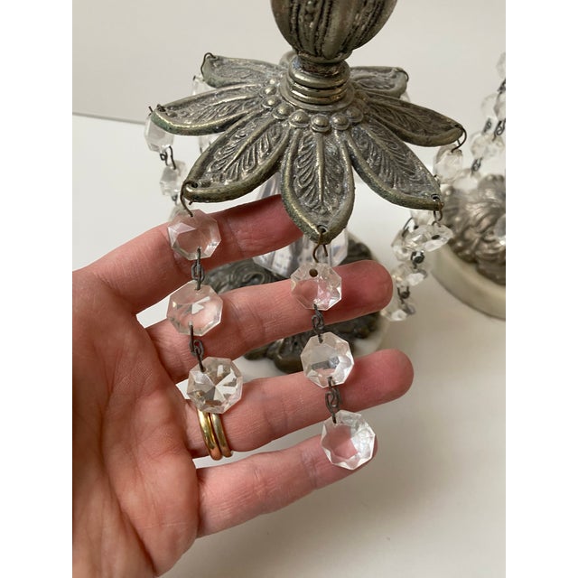 Art Nouveau Brass Candle Holders Vintage Set of 2 Marble Based With Glass Prisms For Sale - Image 3 of 10