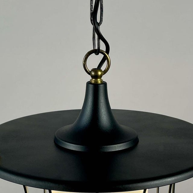 1950s Mid-Century Black Caged Lantern Pendant in Brass and Milk Glass, France, 1950s For Sale - Image 5 of 17