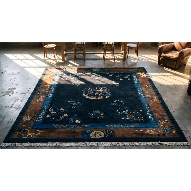 Textile 1930s Blue Navy Floral Medallion Antique Chinese Peking Rug 8' 2" X 9' 8" Handknotted Wool Carpet For Sale - Image 7 of 9