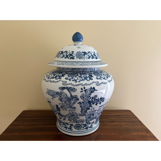 Chinoiserie Large Blue and White Porcelain Covered Jar For Sale - Image 9 of 10