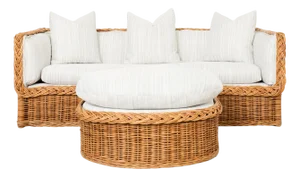 Michael Taylor Style Italian Wicker Works Rattan Sofa + Ottoman