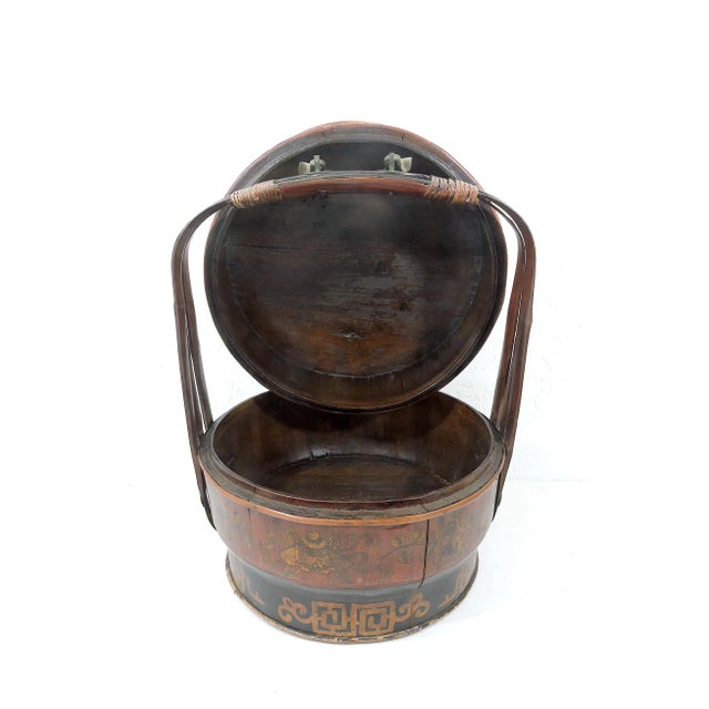 Large Antique Chinese Tiered Storage Box or Basket, Sewing Box, Hand Decorated & Signed With Auspicious Objects For Sale - Image 12 of 12