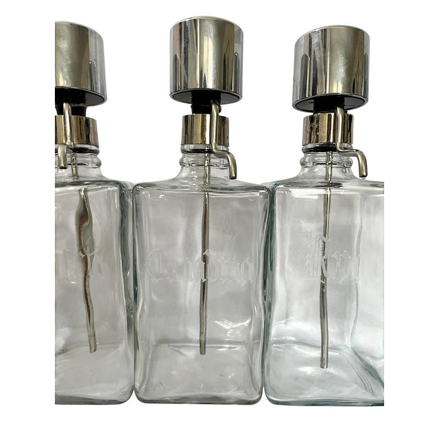 Vintage Mid-Century Etched Glass & Chrome Liquor Dispenser Bar Bottles — Set of 6 For Sale - Image 9 of 13