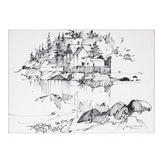 House Across the Lake - Line Drawing Landscape in Ink on Paper by Laurence Sisson For Sale